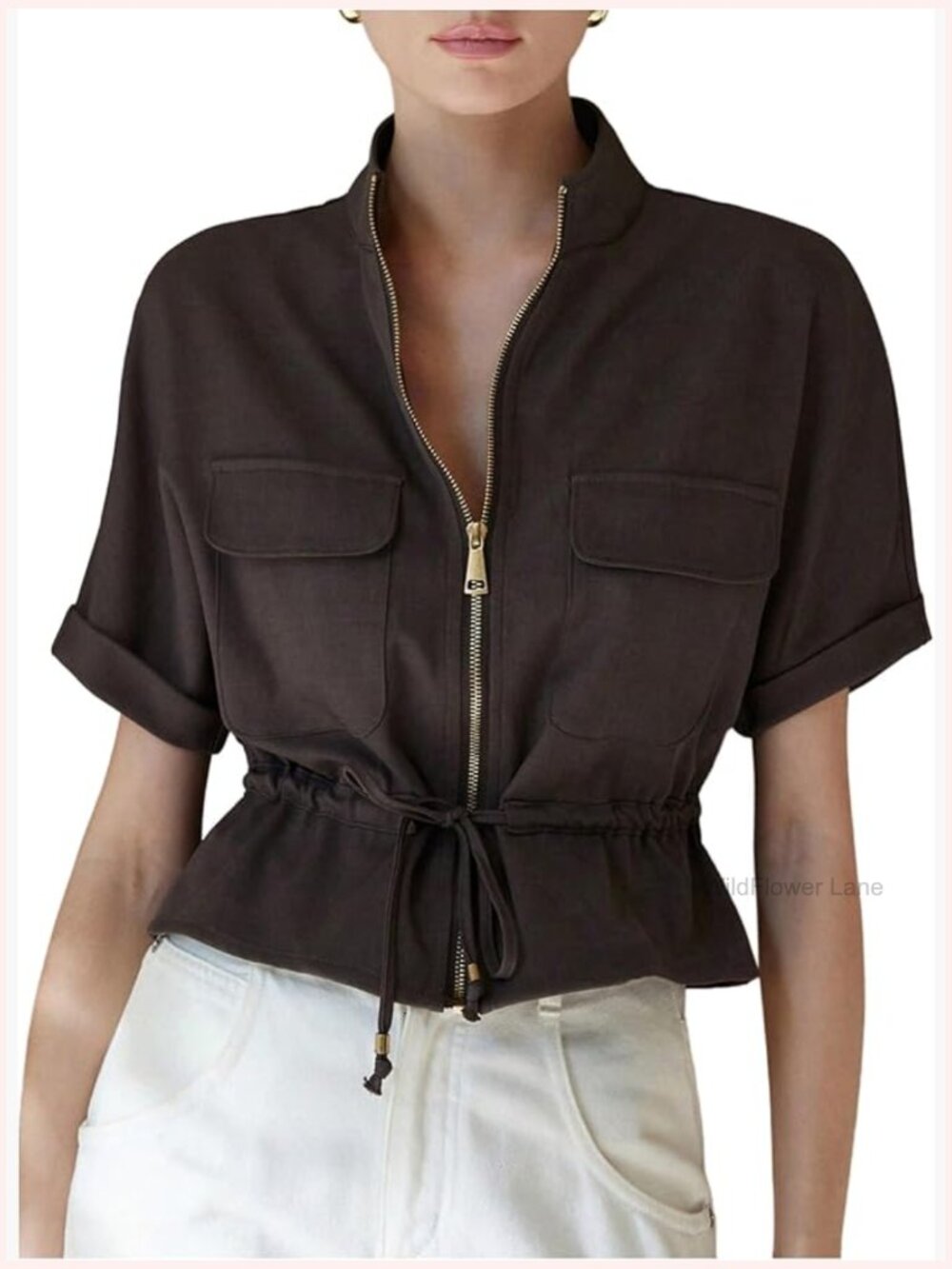 Short Sleeve Collar Neck Crop Blouse with Zipper and Drawstring Waist